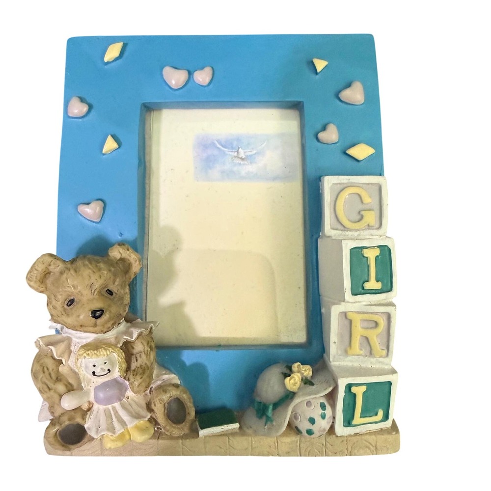 Vintage Baby Girl Teddy Bear Alphabet Blocks Blue Resin Picture Frame 5x4